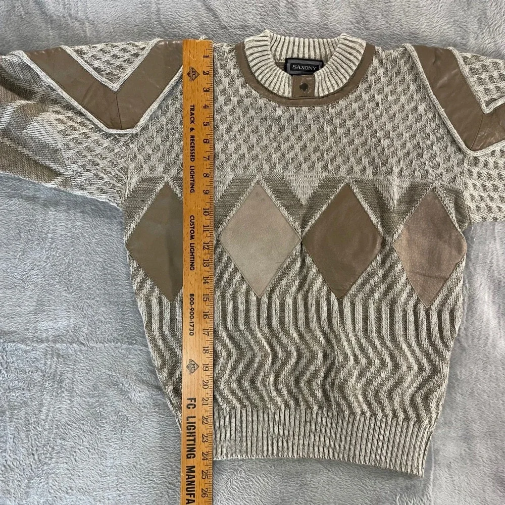 Vintage 90s Diamond Cable Knit Crewneck Sweater Neutral Taupe Size M Grandpa